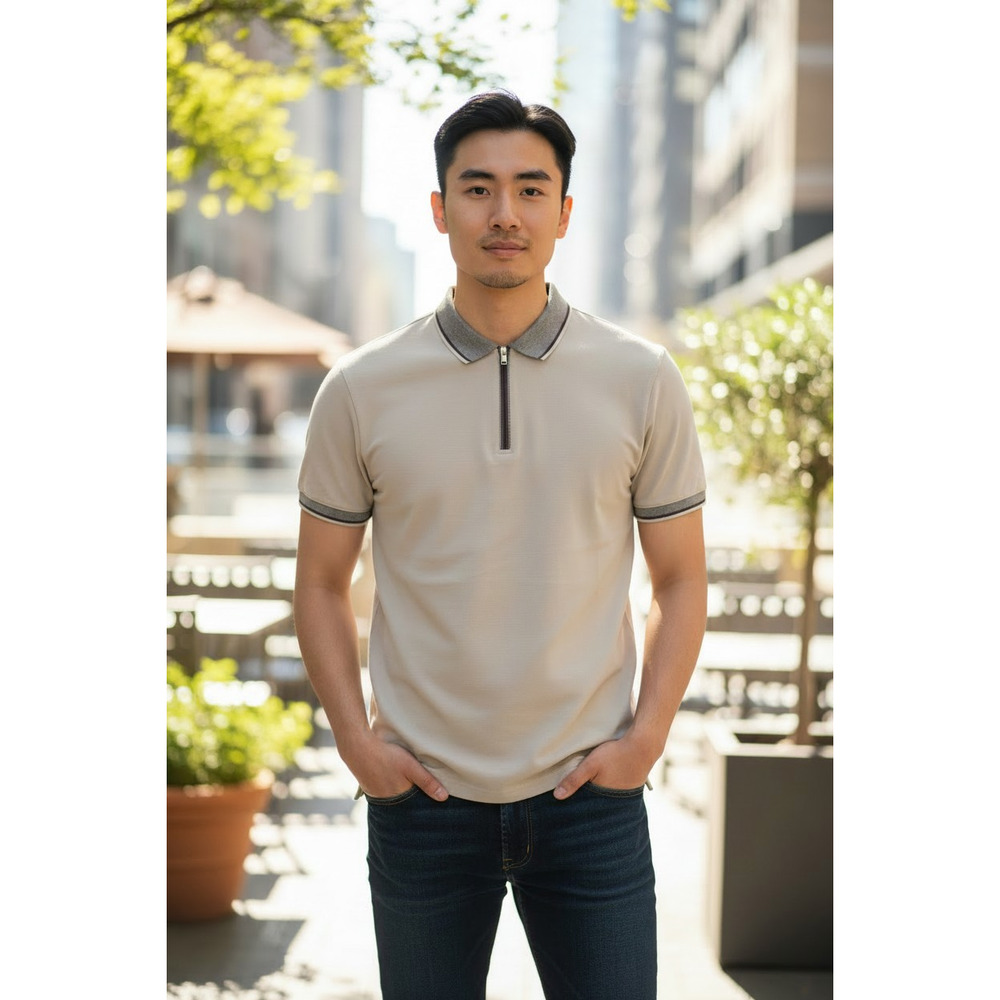 Benjamin Black Quarter-Zip Polo Shirt Size: Large Color: Beige w/ Brown Trim